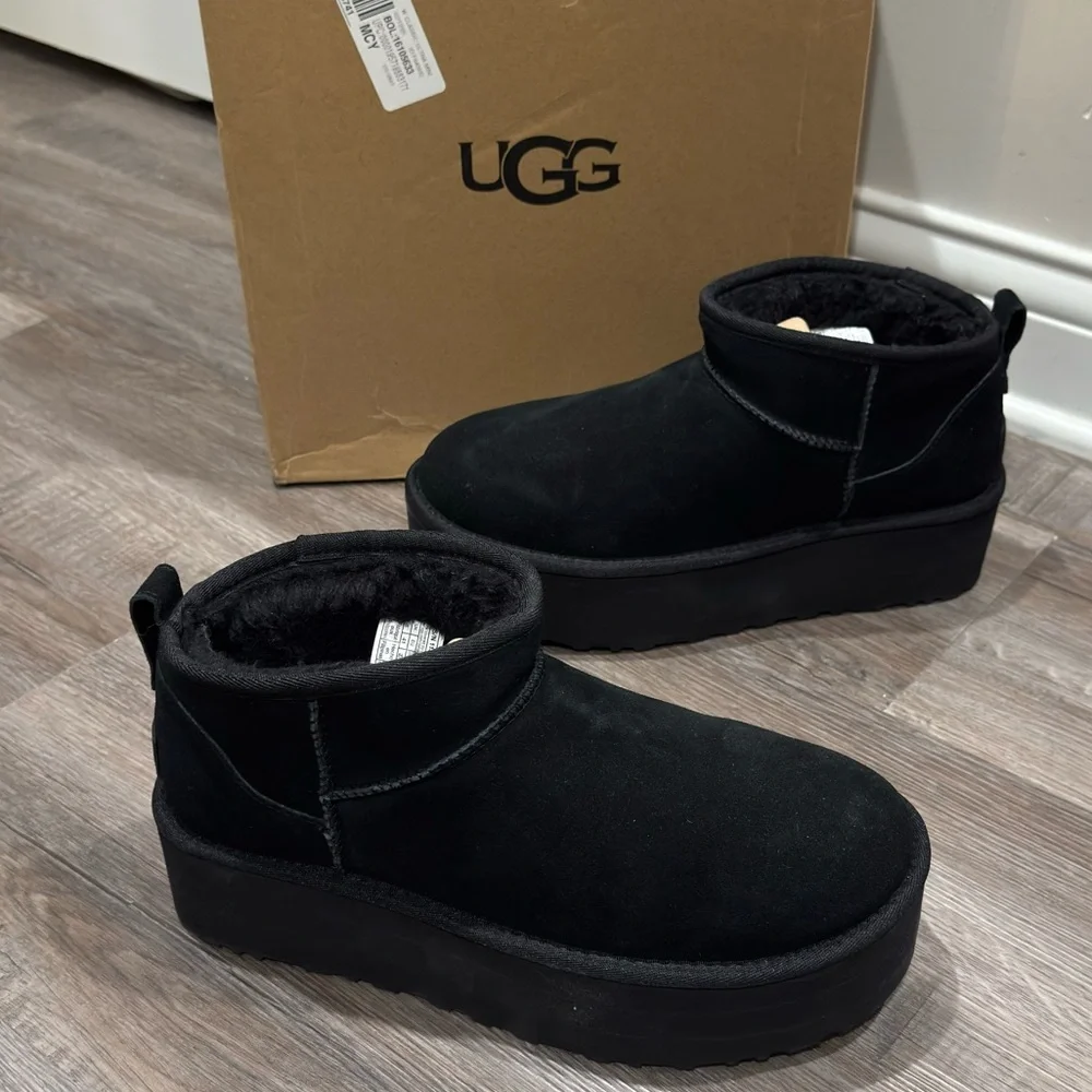 UGG Classic Ultra Mini Platform Black Suede Boots